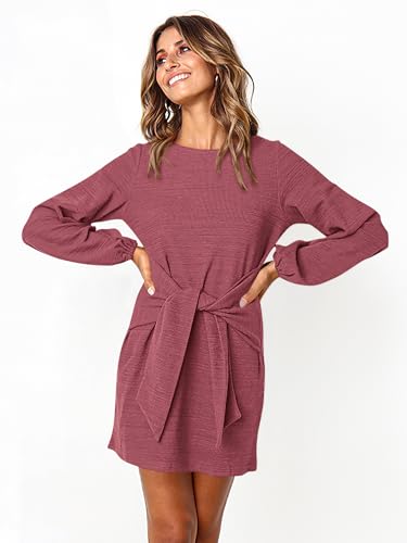 Image of PRETTYGARDEN Womens Spring Elegant Long Lantern Sleeve Short Dress Wedding Guest Crewneck Tie Waist Knit Cocktail Dresses