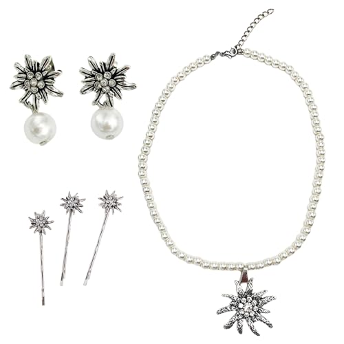 GWAWG 6 Stück Trachtenschmuck Set Trachtenkette mit Strass weiß Halskette Ohrringe Haarklammer Dirndl Schmuck Trachten Schmuck für Damen für Damen Bierfest Trachten Dirndl Outfit Accessoires
