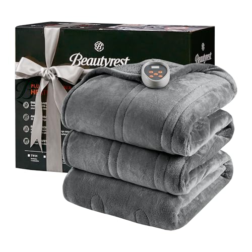 Beautyrest Heated Blanket Electric Blanket Soft Warm Reversible Plush - Sherpa Heating Blanket with 20 Heat Settings 1-10 hrs Timer Auto Shut Off Machine Washable Twin (84 inx62 in) Grey