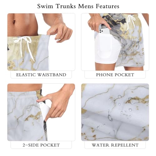 Mens Swim Trunks Quick Dry Swim Shorts with Pockets Liner Marble White Gold4