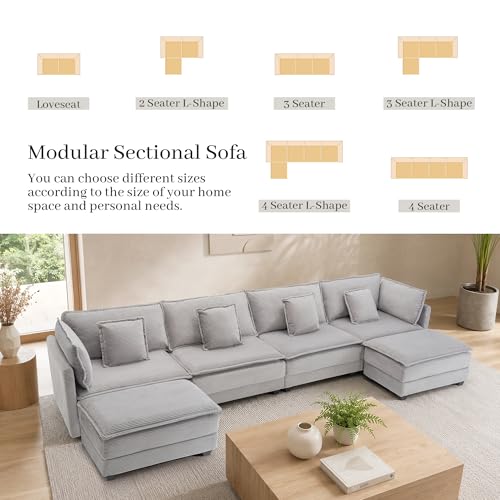 Image of Corduroy Sectional Couch, 4 Seater 149.2 inch U Shaped Cloud Couch with 2 Ottomans, Modular Deep Seat Sofa with Pillows for Living Room, Apartment, Lightgrey