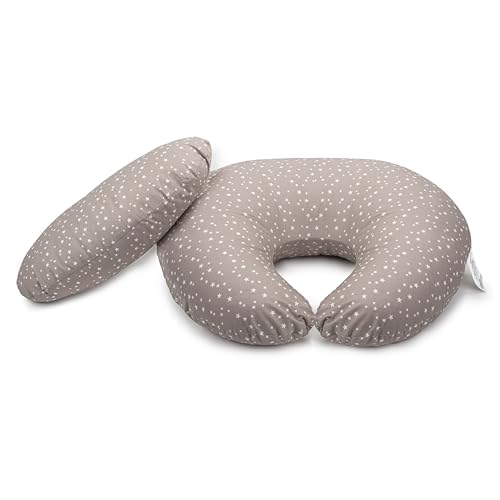Image of Dr. Mama's Organics Nursing Pillow with Lumbar Support - Ergonomic Design Helps Relieve Back Pain and Arm Fatigue - for Bottle and Breastfeeding - Removable Organic Cotton Cover - (Gray Stars)