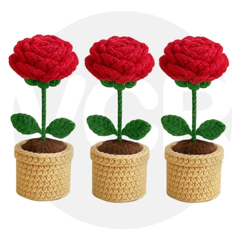 Image of VCR Handmade Crochet Red Rose Pot - Pack of 3 - Hand Woven Knitted Artificial Red Rose Pot Hand Knitted Flower for Office Desk, Table, Car, Bedroom, Wedding & Special Occasions