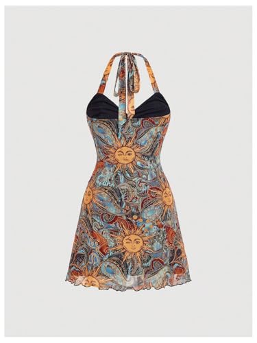 Milumia Women's Vintage Tie Back Halter Dress Boho Print Mesh Short Dresses2
