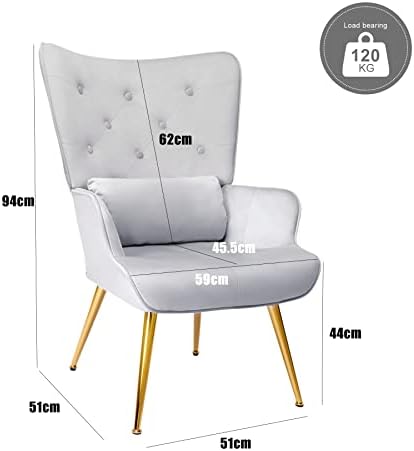 HomeMiYN Velvet Accent Chair Tufted Buttoned Wingback Armchair Modern Comfy Upholstered Chair High Back Vanity Chairs with Golden Metal Legs And Pillow for Living Room Bedroom Reading Light Gray