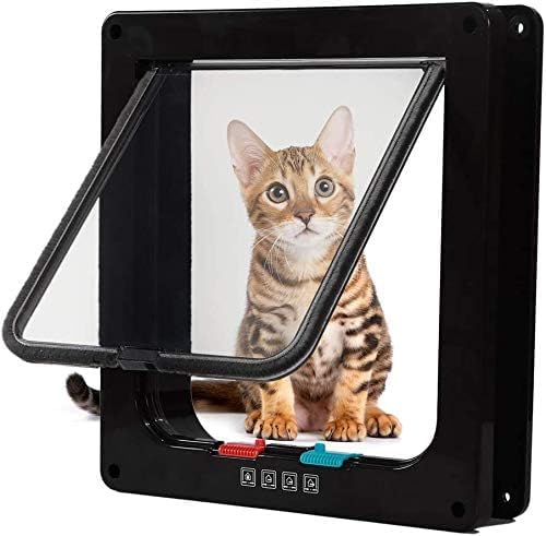 Sailnovo Puerta de Gato XL (tamaño Exterior 24,5 x 28,5 x 5,5 cm), Puerta para Gatos con 4 bloqueos para Puertas Interiores y Exteriores, Resistente a la Intemperie, para Gatos y Perros, Color Negro