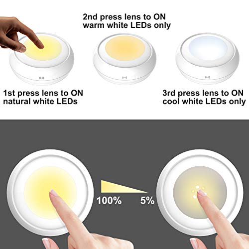 Luxsway Battery Powered Push Lights, Wireless Puck Lights, Dimmable Under Cabinet Lights With Nature/Warm/Cool Light, Remote Control Stick On Lights For Closet Cabinet Stair,Timer On/Off- 4Pack #TOP5