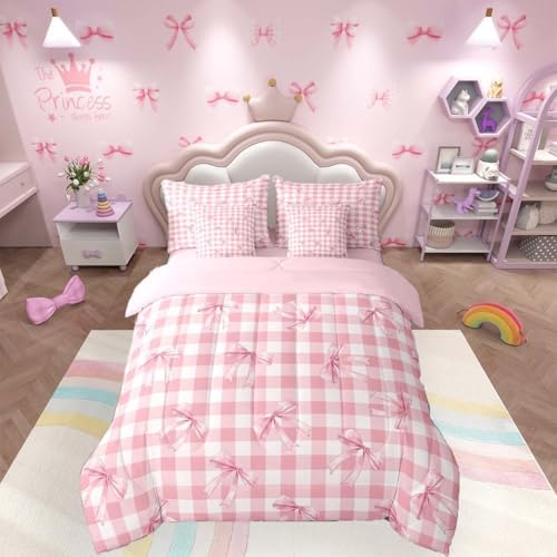 jejeloiu Girls Pink Bow Plaid Comforter Set with Sheets 7Pcs Full Size Kids