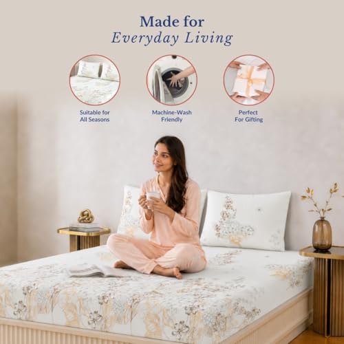 Image of Jaipur Weaves King Size Elastic Fitted Bedsheet, 100% Pure Cotton King Size Fitted Bedsheet for Double Bed with 2 Pillow Covers, 240 TC, 72x78 Inches up to 8-inch Mattress, Floral (Garden Brown)