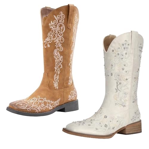 SheSole 2 Pairs Women's Floral Cowboy Boots Mid Calf Cowgirl Shoes Size US 8