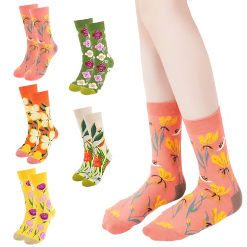 YOYOU Colorful Flower Crew Socks for Women Cute Ankle Socks Fashion Funny Floral Sock Novelty Comfortable Casual Fancy Socks Free Size 5 Pairs