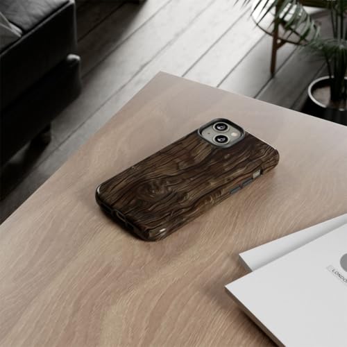 Coque rigide iPhone 14 texture bois marron foncé finition brillante
