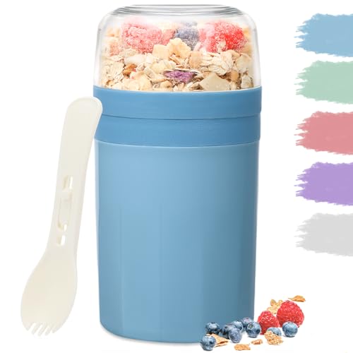 Bugucat Müslibecher to Go 520ML+250ML,Praktischer Joghurtbecher mit Löffel, Auslaufsicher Müsli Cup Becher mit Soßenbox,Müslibox Brotdose Lunchbox für Kinder & Erwachsene, Blau