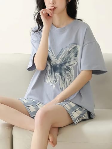 Image of Louis Luxe Cotton Blend Womens Korean Night Dress || Short Pyjama Set || Korean Nightsuit || Women Nightwear ||Round Neck Short Sleeve Nightsuit || Loungewear || Everyday Nightdress (ND-05)