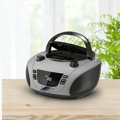 Image of LONPOO Portable CD Boombox -FM & AM Radio, CD Player, Bluetooth, USB, MP3, AUX,Portable, Built-in Stereo Speakers, Carrying Handle, LCD Display,Gray