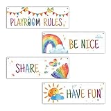 Dskly 4 Pcs Playroom Wall Decor Sign, Playroom Rules Wall Art Decor Gift For Boys Girls, Rainbow Wooden Hanging Plaque Sign For Kids Room Nursery Playroom Reading Corner Classroom School -14