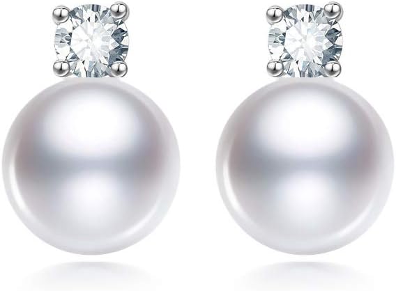 9-9.5mm White Cultured Freshwater Pearl Stud Earrings AAAA Quality Rhodium Plated Sterling Silver with CZ