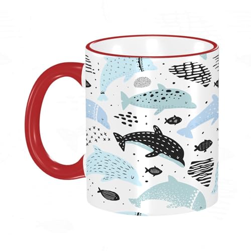 KDWJS Taza divertida de cerámica de 11 onzas,Tazas Originales de Desayuno - Graciosos Ideas para Regalos - Cerámica 330 ml - Patrón Náutico con Delfines en Estilo Infantil. Fondo de Criaturas Marina