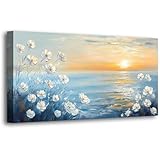 Seascape Pictures Canvas Wall Art for Living room Office Bedroom Wall Decor, Natural Landscape Wall Art Print Modern Noble White Flower Oil Painting Artwork Waterproof Ready to Hang-20x40inch
