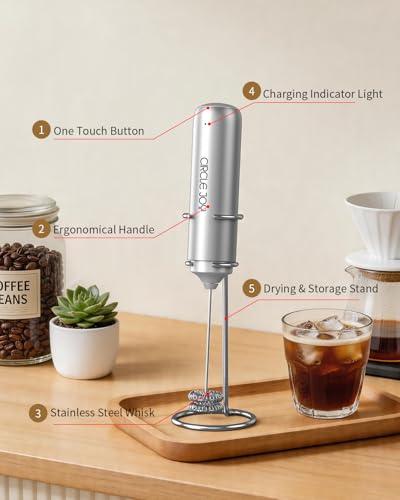 Image of CIRCLE JOY Rechargeable Milk Frother Handheld with Stand,Dual Spring Whisk Electric Coffee Frother Wand, Portable Hand Frother Drink Mixer for Matcha Lattes Cappuccino, Coffee Lover Gift, Silver