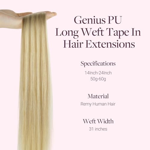Image of GOO GOO Tape In Weft Hair Extensions, Invisible Genius Weft Home DIY | 14 inch 50g #P16 /22A Light Blonde Highlighted Golden Blonde, Real Human Hair, Install Quickly, Breathable