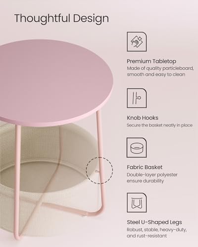 Image of VASAGLE LILEA Collection - Small Round Side End Table, Modern Nightstand with Fabric Basket, for Living Room, Bedroom, Set of 2, Jelly Pink and Cream White ULET225SA01S