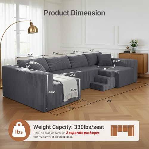 Image of Claiks 128 inch Modular U Shaped Couch, Sectional Deep Seat Sofa with Pet Stair, Dark Grey