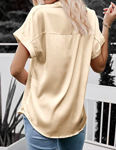 HOTOUCH Silk Button Down Shirts for Women Satin Short Sleeve V Neck Casual Work Office Blouse Tunic Tops4