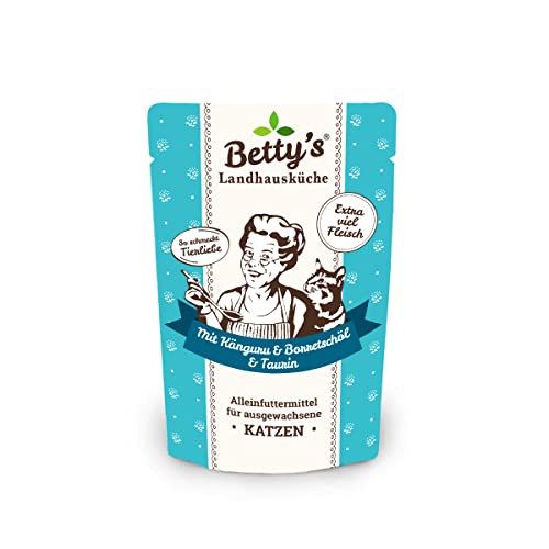 Betty's Landhausküche Frischebeutel Pouches Nassfutter Katze, Känguru mit Borretschöl 12 x 100g, getreidefrei, beste Qualität, hochwertiges Fleisch, schonend gegart, hohe Bioverfügbarkeit