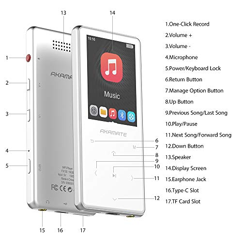 MP3 Player, 16GB Player with Bluetooth 4.2, Music Player with FM Radio, One Click Recording, 2.4" Screen, Built-in Speaker, HiFi Lossless Sound, Support up to 128GB(Earphone, Sport Armband) - Thumbnail 3