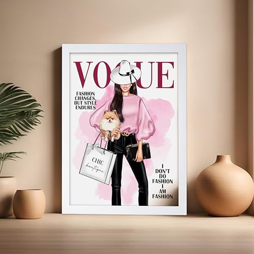 Image of Poster Master Lady with Dog Print - I Am Fashion Poster - Modern Trendy Art - Chic Gift for Women & Fashionista - Haute Couture Decor for Bedroom or Girls Room - 16x20 White Framed