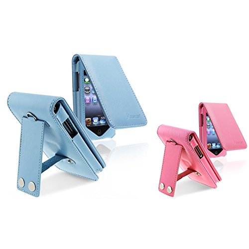 eForCity Leather Case with Lanyard and Kick Stand for iPod touch 1/2/3G, Blue/Pink