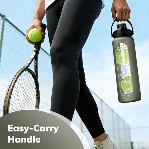 Image of Aqulea 32 oz Glass Water Bottle with 2 Lids - Spout & Straw Lids, 1L Motivational Borosilicate Glass Water Bottle with Time Marker & Silicone Sleeve, Leakproof (Sage)