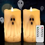 Lasumora Halloween Ghost Flameless Pillar Candles with Remote Timer, Battery Operated LED Candles for Halloween Decorations Indoor Halloween Home Decor Gifts (2 Pack, 3β x 6.5β)