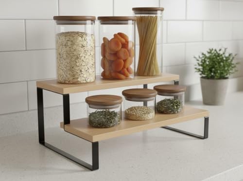 Image of 2-Tier Kitchen Shelf Rack - Expandable Countertop Organizer for Spice Jars, Jars, and Containers | Multipurpose Wooden & Metal Storage Rack for Kitchen, Bathroom, and Office (Beech+Black)