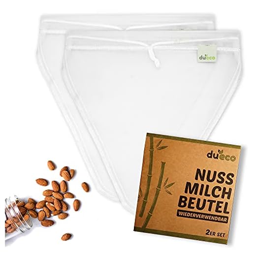 DuEco - 2 sacchetti per latte di noci naturali di canapa per latte di noci vegano, latte di mandorle, latte di nocciola, tessuto a maglia fine, panno filtrante per succo di frutta e caffè