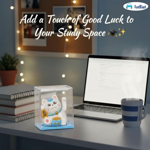 Image of FunBlast Maneki Neko Lucky Cat, Waving Arm Solar Powered Good Luck Wealth Welcoming Display Car Decor Paw Up with Arm, Decor Item for Home, Office and Car (Blue)