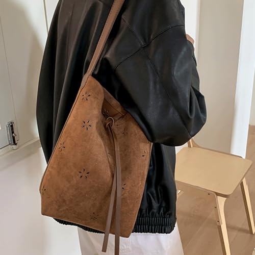 Slouchy Shoulder Bag Suede Hobo Bucket Bag for Women Retro Flower Laser Cut Boho Slouchy Shoulder Handbag with Beaded Charm2