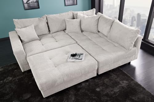 Riess Ambiente Modernes Ecksofa Kent 220cm beige Cord inkl. Hocker Federkern L-Form Wohnlandschaft