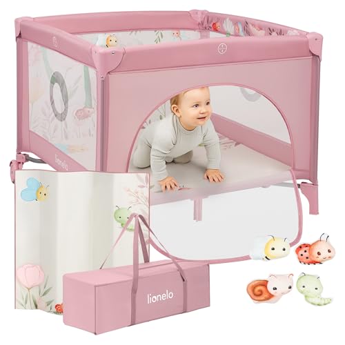 LIONELO Box per bambini e Lettino da Viaggio MILLE 2 in 1, 100 x 100 cm, Fino a 15 kg / 0 a 36 mesi, con Materasso 3D, Ingresso laterale con chiusura lampo, Ruote con freno, Facile da piegare
