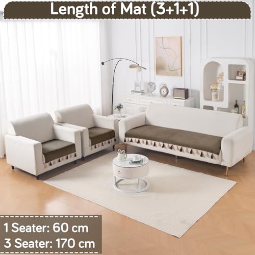 Image of HOKIPO 5 Seater Sofa Cover Mat with Tassel in 3+1+1 Configuration | Dyed Holland Velvet Fabric | 'TasselTone Series' | Coffee Brown (IN-1108+1104-CF*2)