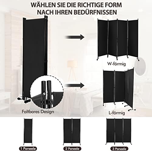 FANTASK 225 x 173 cm Biombo con Ruedas, biombo de 4 Piezas, Plegable, de Tela, Color Negro