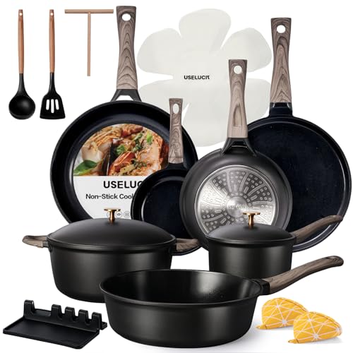Foto de Juego de 21 ollas y sartenes con tapa de aluminio, juegos de utensilios de cocina antiadherentes de cerámica Ti, juego de cocina de inducción con sartenes y cacerolas (FOS, sin PFOA, negro (imagen 2)