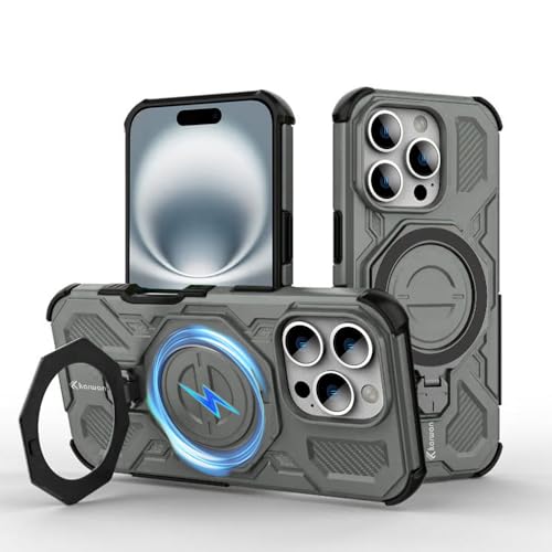 Image of KARWAN Tough Shockproof Armor Back Case Cover Compatible with iPhone 16 Pro Max with 360 Degree Rotation Magnetic Attraction Ring, Holder Heavy Duty Rugged Cover with MagEaze Wireless Charging (Grey)