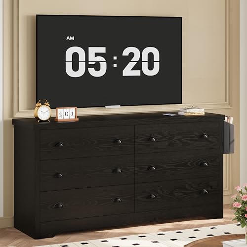 Image of LIKIMIO Dresser for Bedroom 6 Drawer with Charging Station, TV Stand Storage Chest of Drawers for Living Room Hallway Entryway, MDF Board, 59 Inches Black