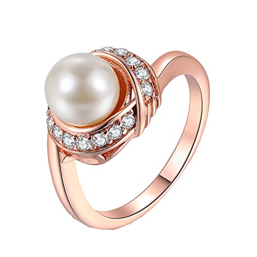 OAKKY Women's European Style Vintage Pearl Promise Wedding Ring Rose Gold Size 6