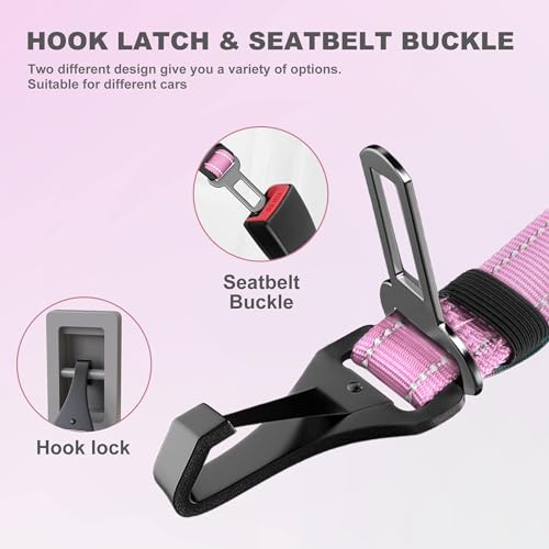 Image of IOKHEIRA Dog Seat Belt 3-in-1 Car Harness for Pets Adjustable Safety Seatbelt Nylon Reflective Bungee Fabric Dog Car Harness with Clip Hook Latch & Buckle, Swivel Zinc Alloy Carabiner (Pink)