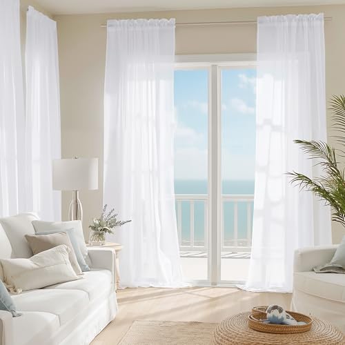 NICETOWN White Sheer Curtains 96 inches Long for Bedroom Living Room 4 Panels, 42 inch Wide Rod Pocket Light Filtering Drapes Translucent Modern Voile