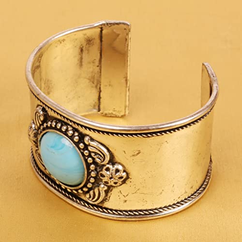Image of Touchstone Indian Bollywood Desire Brass Base Exotic Workmanship Free Size Cuff Bracelet in Antique Gold Or White Or Copper Tone for Women.
