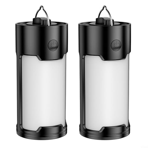 Linterna LED portátil para camping, IPX45, impermeable, 500 lúmenes, luz recargable, 2 modos, lámpara ligera para tienda de campaña para senderismo, pesca, corte de energía, blanco y negro, paquete de